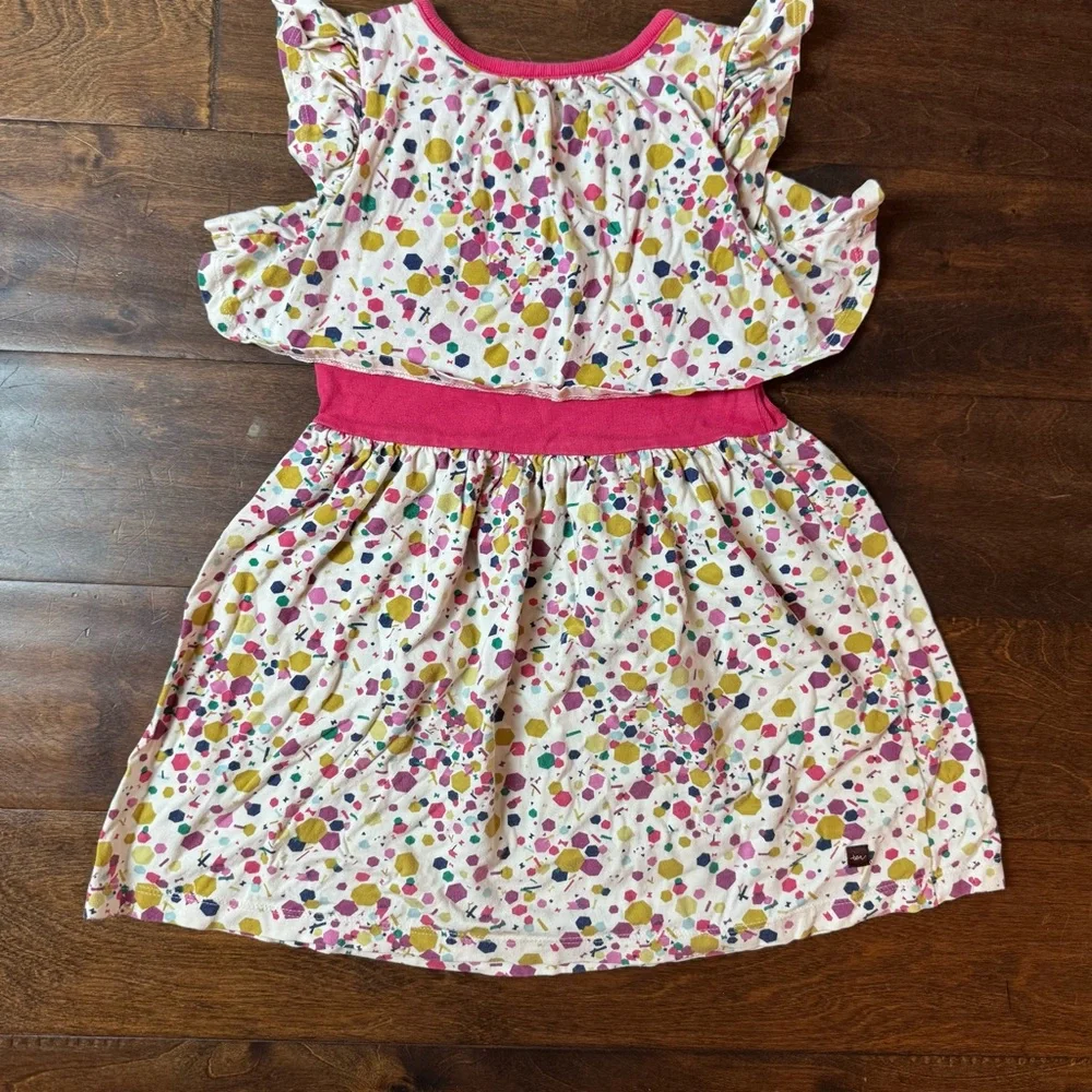 Tea Collection‎ Girls Pink Geometric Confetti Ruffle Flutter Sleeve Dress Size 4